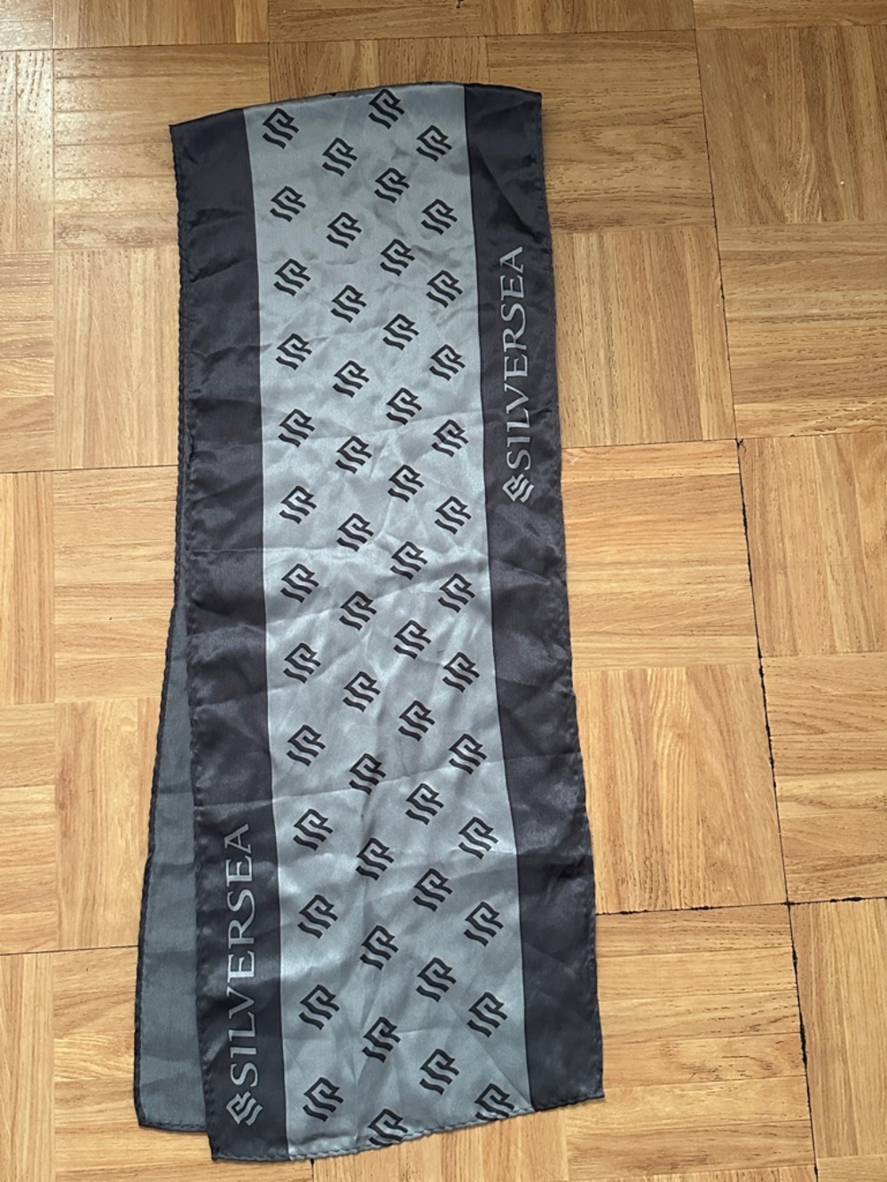 SILVERSEA Sheer Monogram Logo Scarf in Charcoal and Light Gray